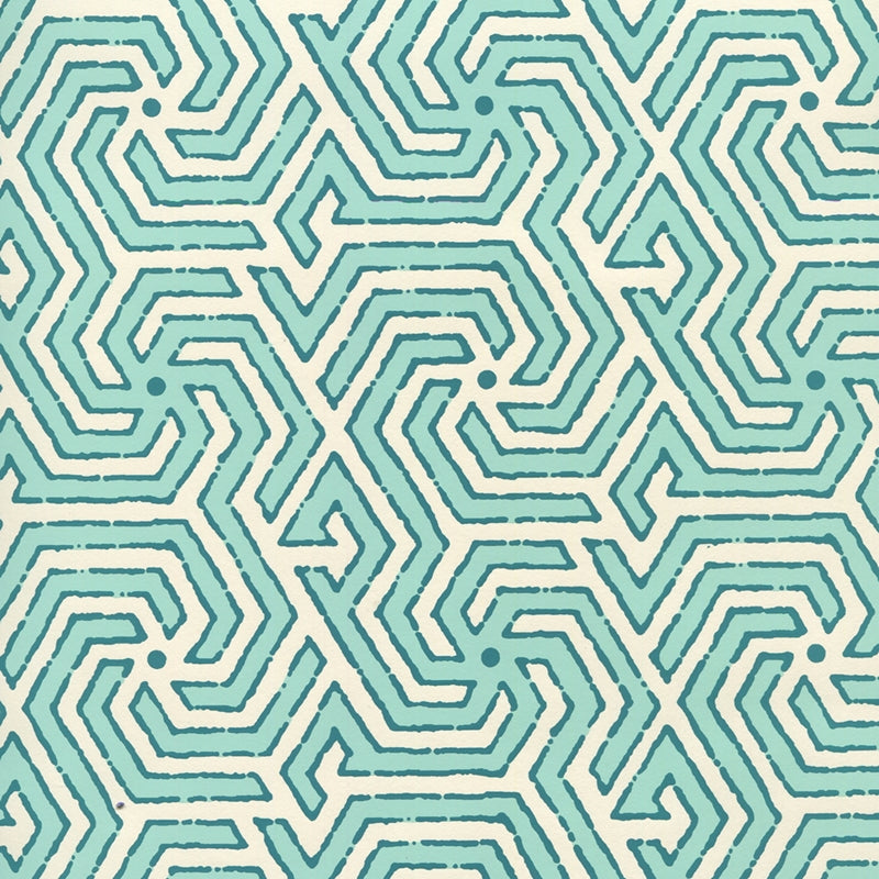 Sample 2520-01OWP Maze Reverse Two Colors, Turquoise Dark Turquoise by Quadrille Wallpaper