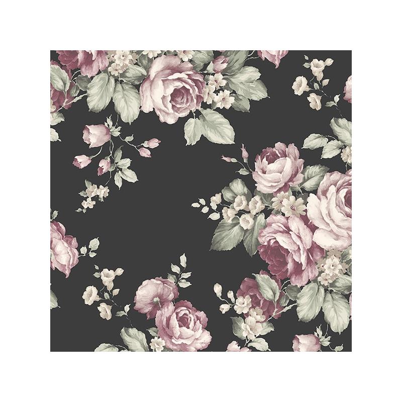 Sample AF37700 Flourish Abby Rose 4, Black Grand Floral Wallpaper in Black, Ebony, Plum Pinks by Norwall