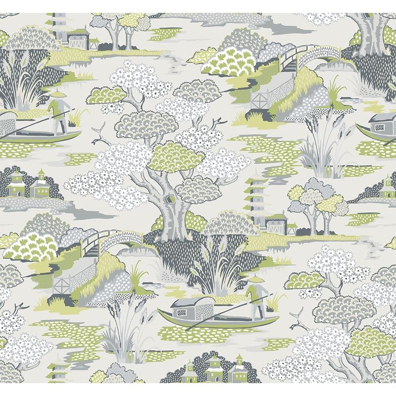 Sample 2901-87508 Perennial,  Joy De Vie Green Toile Wallpaper by A Street Prints
