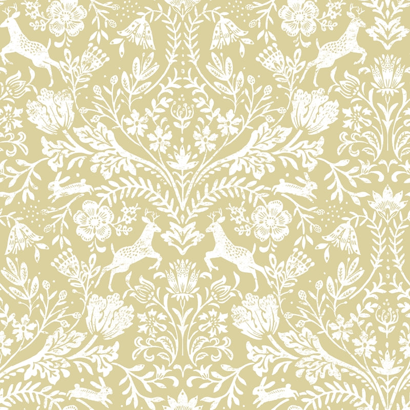 Sample 3124-13886 Thoreau, Forest Dance Honey Damask Wallpaper by Chesapeake