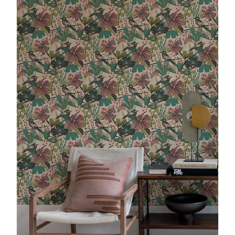 PLS4216 Pip &amp; Lo Teal Pink Jaybird Peel &amp; Stick Wallpaper by NuWallpaper2