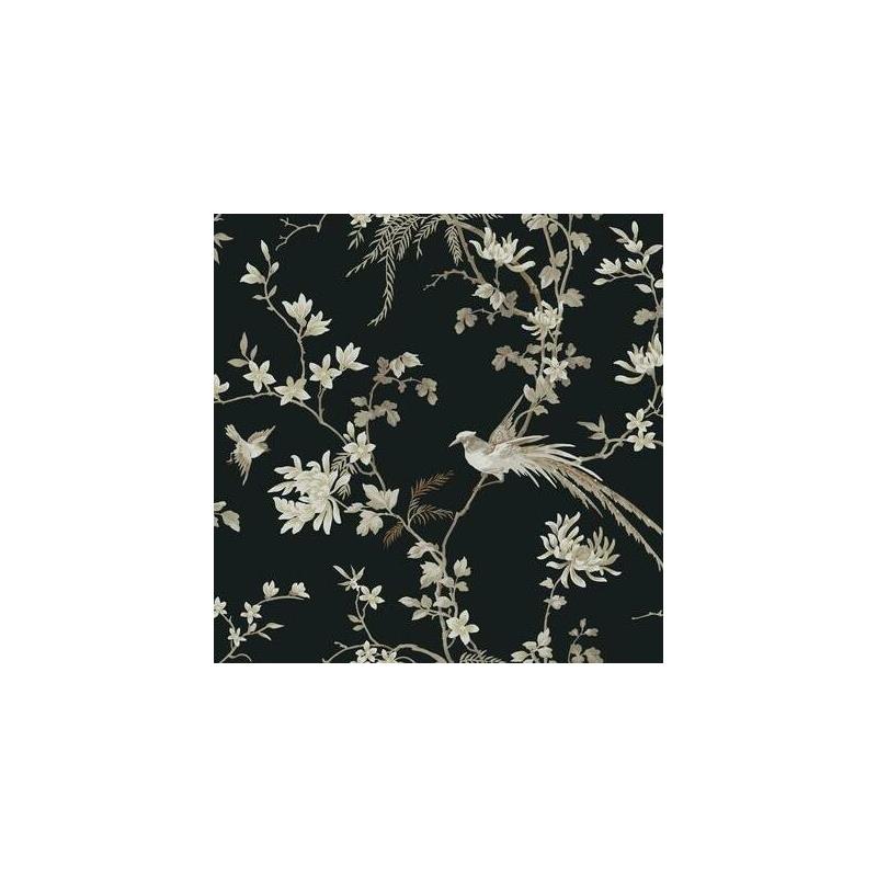 Sample KT2173 Ronald Redding 24 Karat, Bird And Blossom Chinoserie Wallpaper Black by Ronald Redding