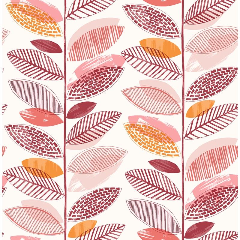 Looking 2904-25684 Fresh Start Kitchen & Bath Nyssa Coral Leaves Wallpaper Coral Brewster