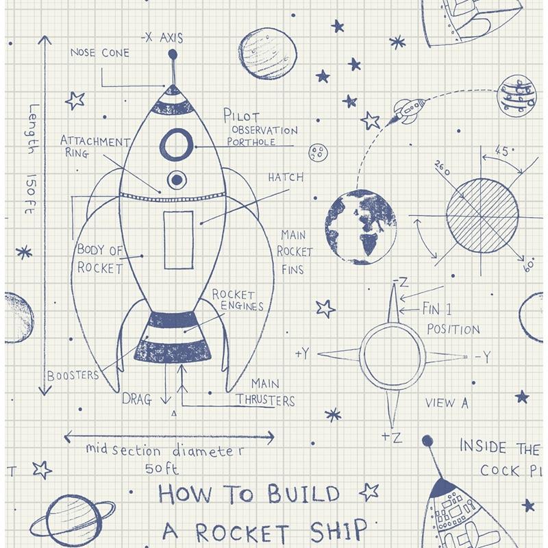 Sample DA60702 Day Dreamers, Rocket Ship White and Navy Seabrook Wallpaper