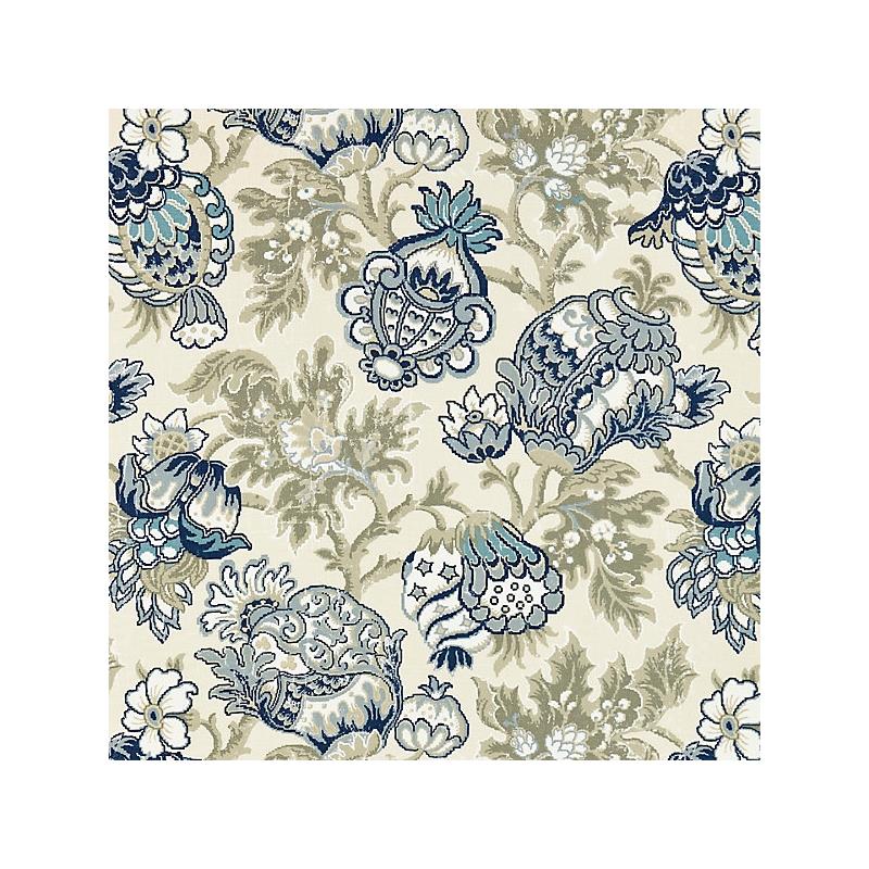 Sample 16593-001 Canterbury Linen Print, Oyster and Indigo - Scalamandre Fabric (SC 000116593)