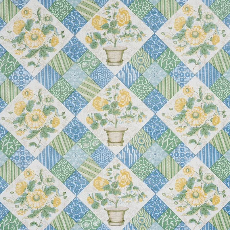 Purchase sample of 180120 Caldwell Patchwork Chintz, Yellow And Cornflower by Schumacher Fabric