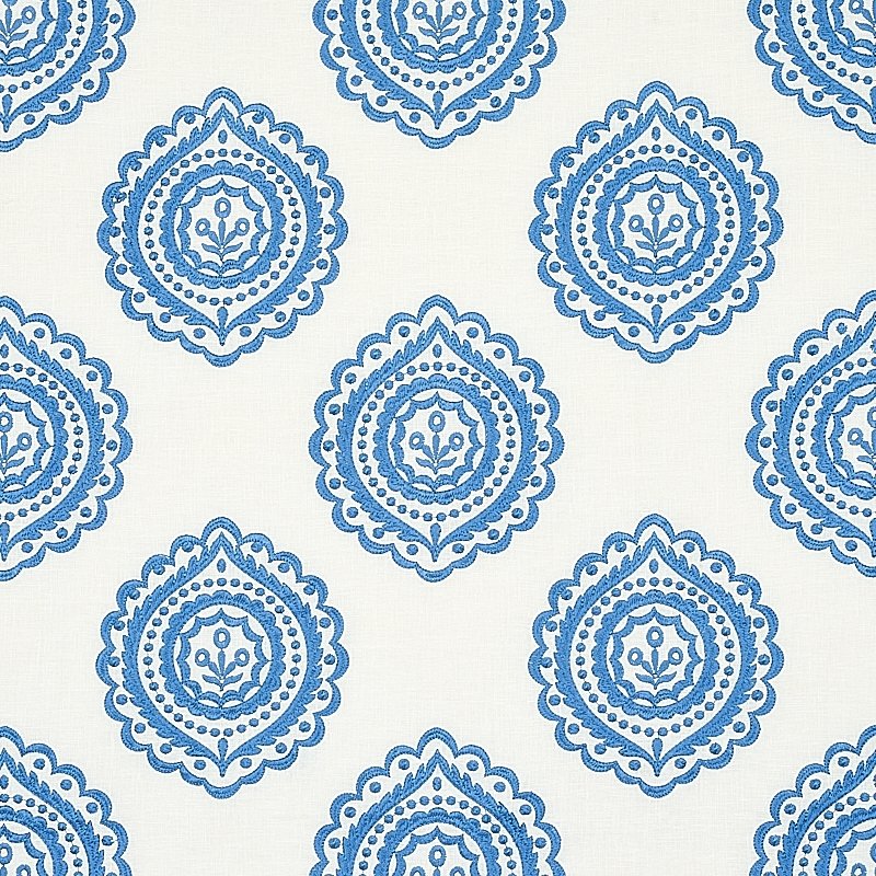 Purchase sample of 70206 Olana Linen Embroidery, Blue by Schumacher Fabric