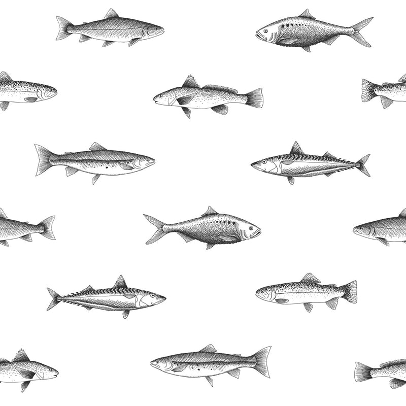 Sample DD138967 Design Department, Fiyero Off-White Fish Wallpaper by Brewster
