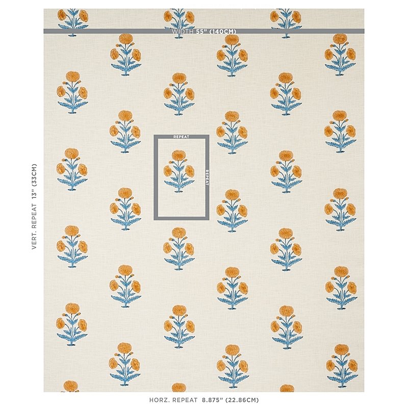 Acquire 179841 Poppy Hand Block Print Mustard And Sky By Schumacher Fabric