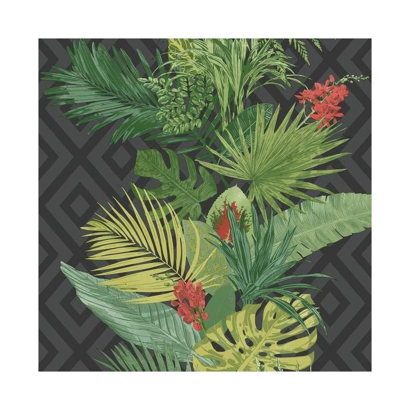 Sample ON1629 Outdoors In, Tropical Oasis Stripe color Black Botanical by York Wallpaper