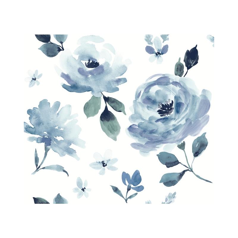 Sample PSW1074RL Watercolors, Botanical Blue Peel and Stick Wallpaper