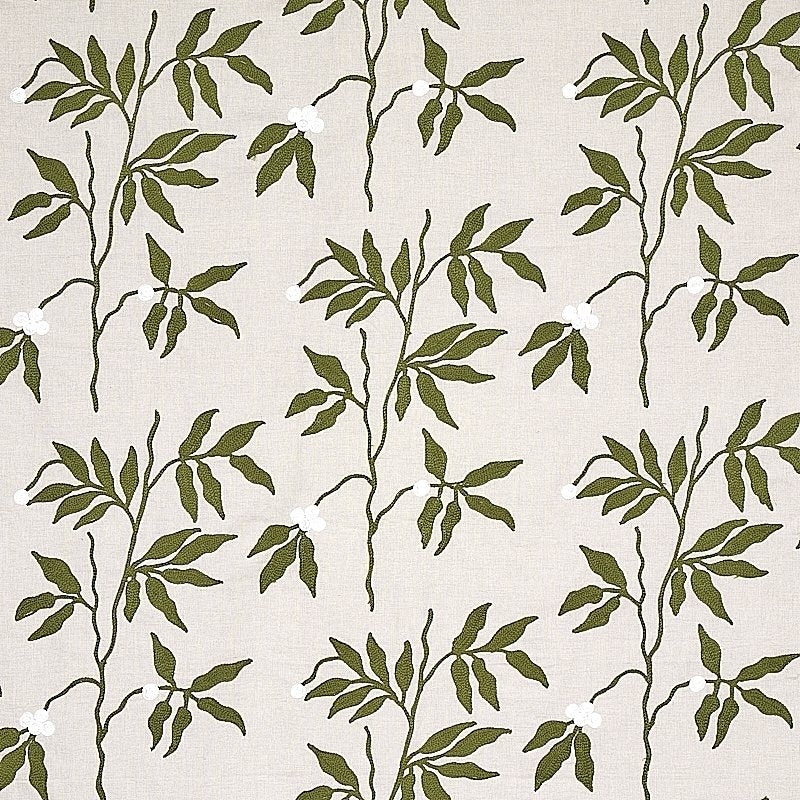 Purchase sample of 80430 Lilla Embroidery, Olive On Neutral by Schumacher Fabric