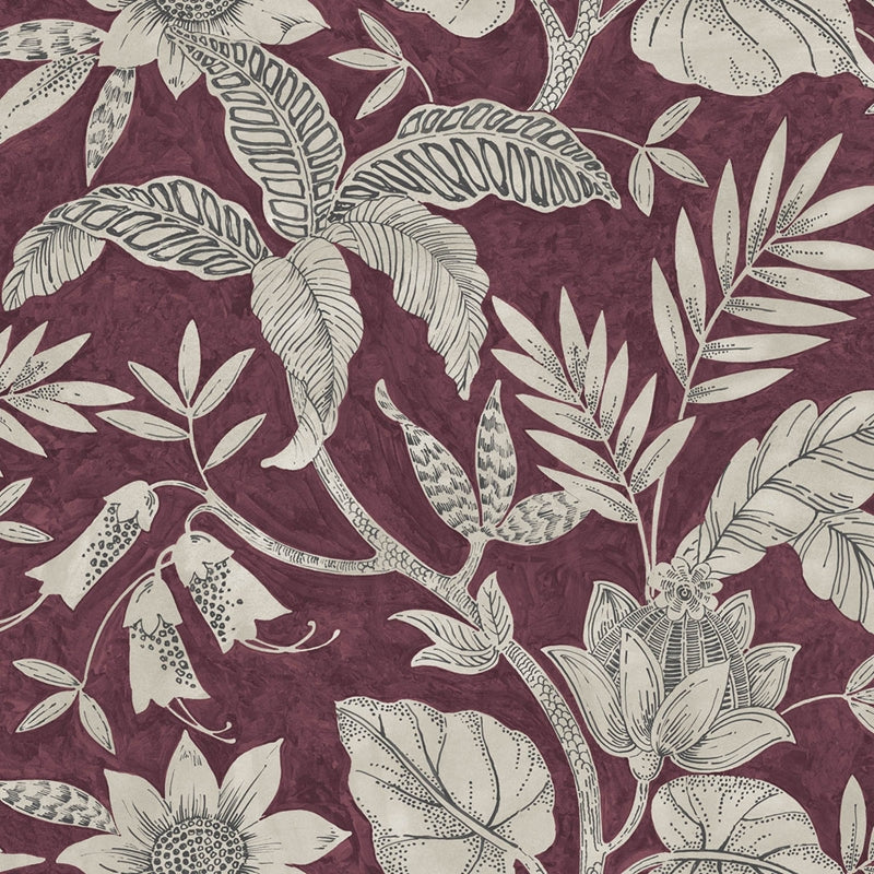 Sample RY30201 Boho Rhapsody, Rainforest Leaves Cranberry and Stone Seabrook Wallpaper