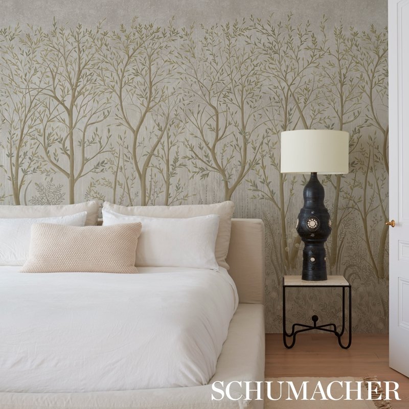 Buy 5010922 Brindille Gold Accented Panel Peacock Schumacher Wallcovering Wallpaper