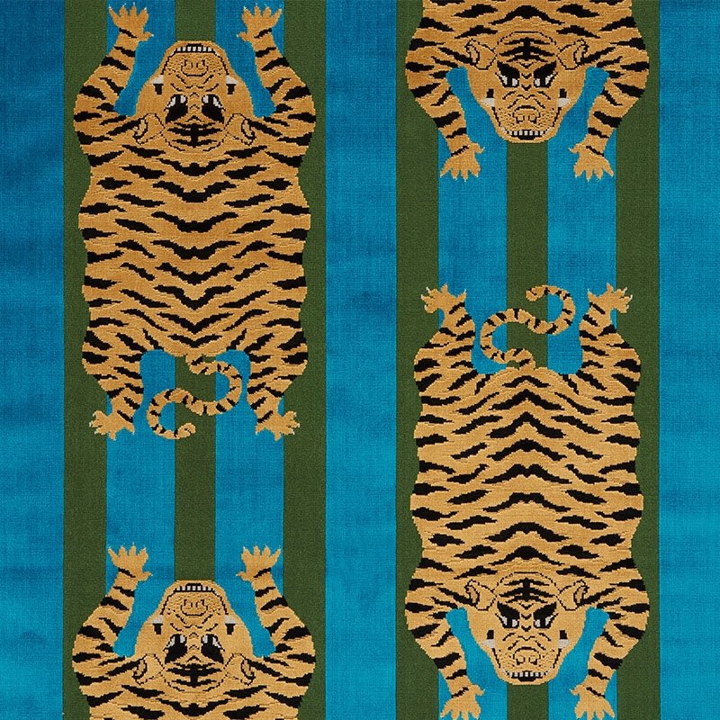 Purchase sample of 77230 Jokhang Tiger Velvet, Peacock & Olive by Schumacher Fabric