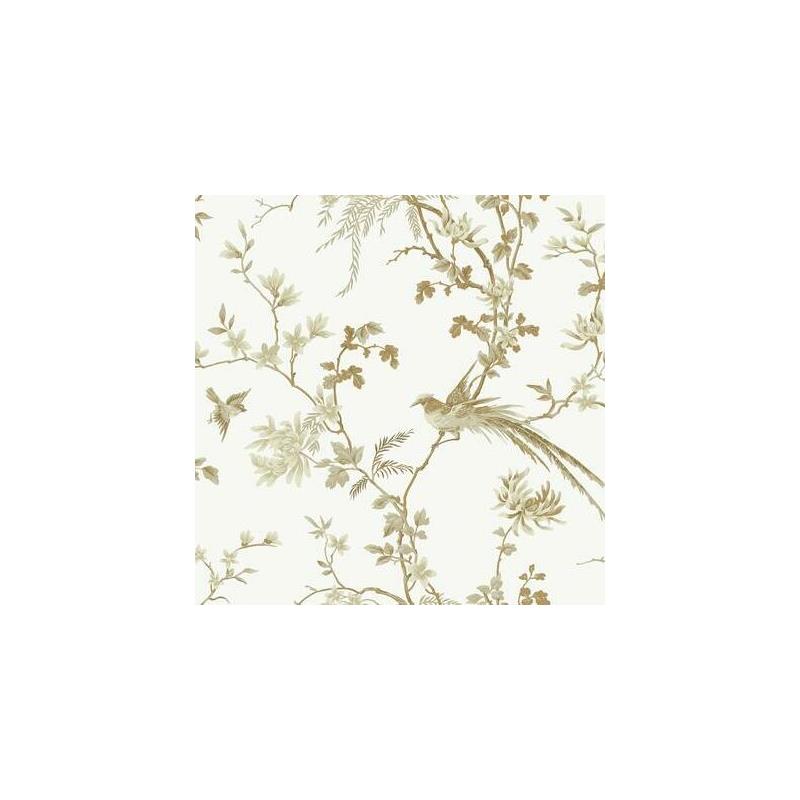 Sample KT2174 Ronald Redding 24 Karat, Bird And Blossom Chinoserie Wallpaper White/Gold by Ronald Redding
