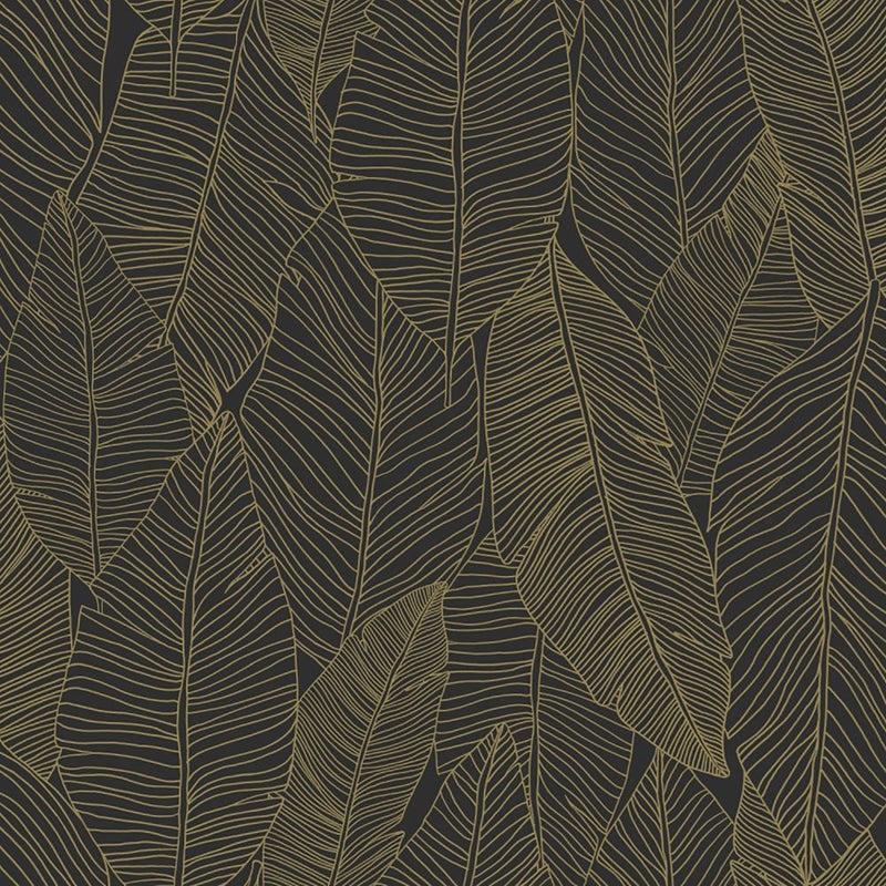 Sample DD139126 Design Department, Canales Black Gold Inked Leaves Wallpaper by Brewster