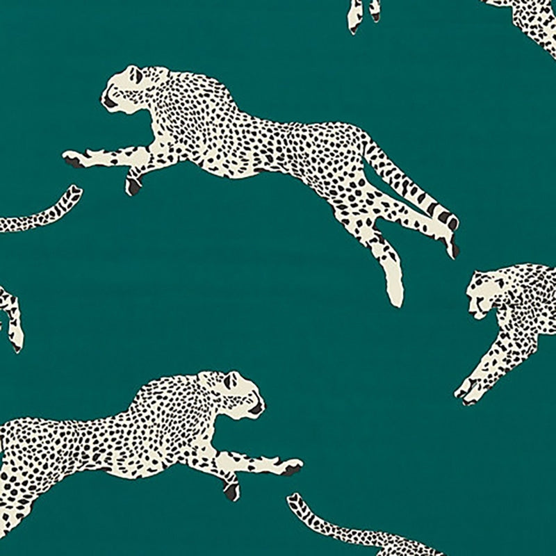 Sample SC 000516634 Leaping Cheetah Cotton Print, Evergreen by Scalamandre Fabric