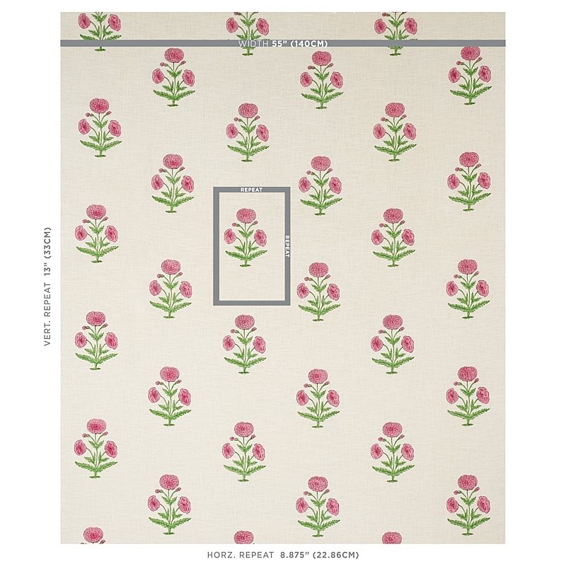 View 179842 Poppy Hand Block Print Rose And Grass By Schumacher Fabric