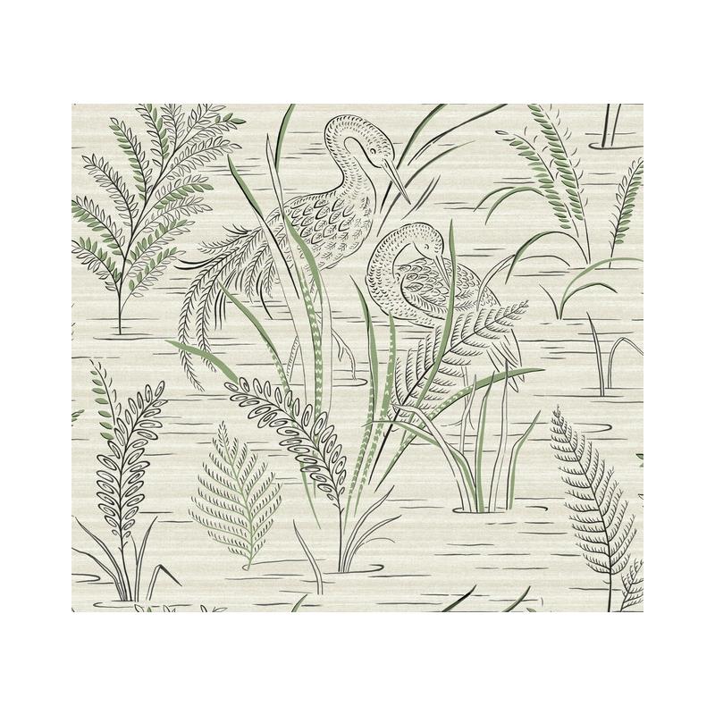 Sample GR5952 Grandmillennial, Fernwater Cranes Black/Green York Wallpaper