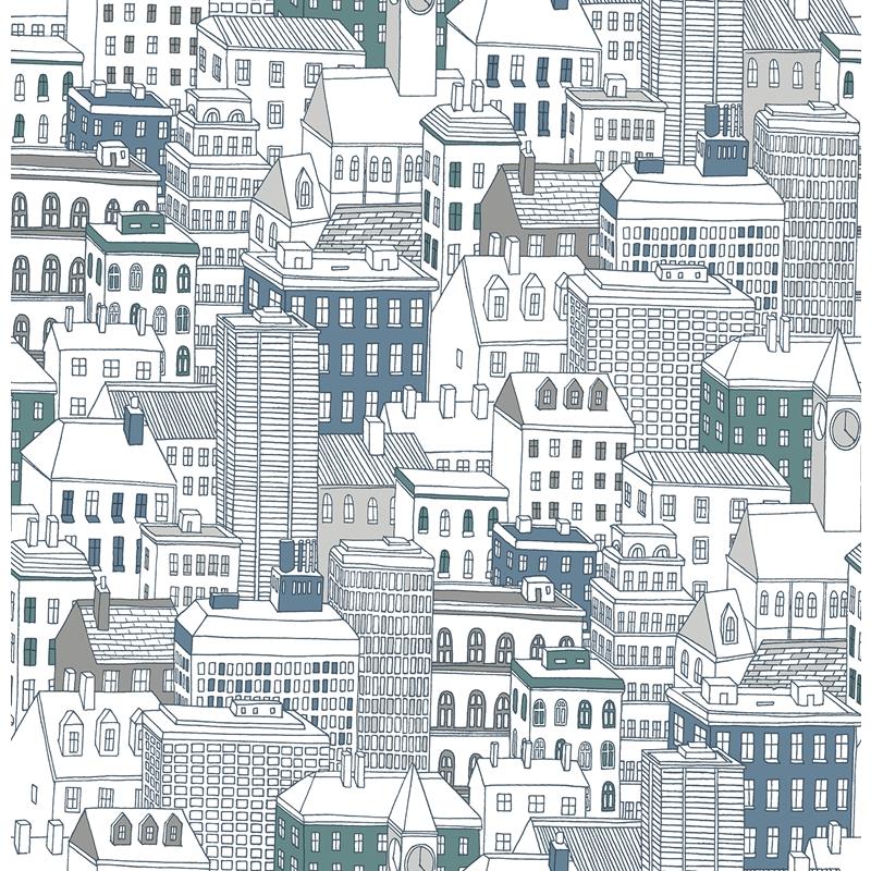 Sample HN002630 Brewster Kids, West Teal City Wallpaper by Brewster