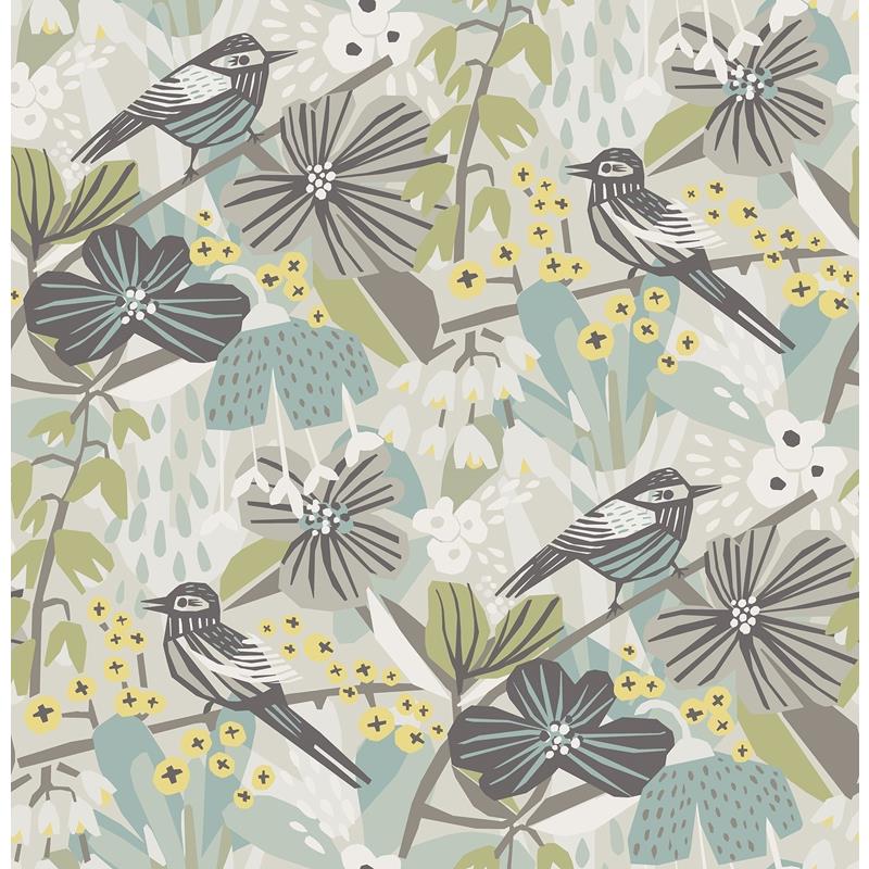 PLS4215 Pip &amp; Lo Grey Aqua Jaybird Peel &amp; Stick Wallpaper by NuWallpaper