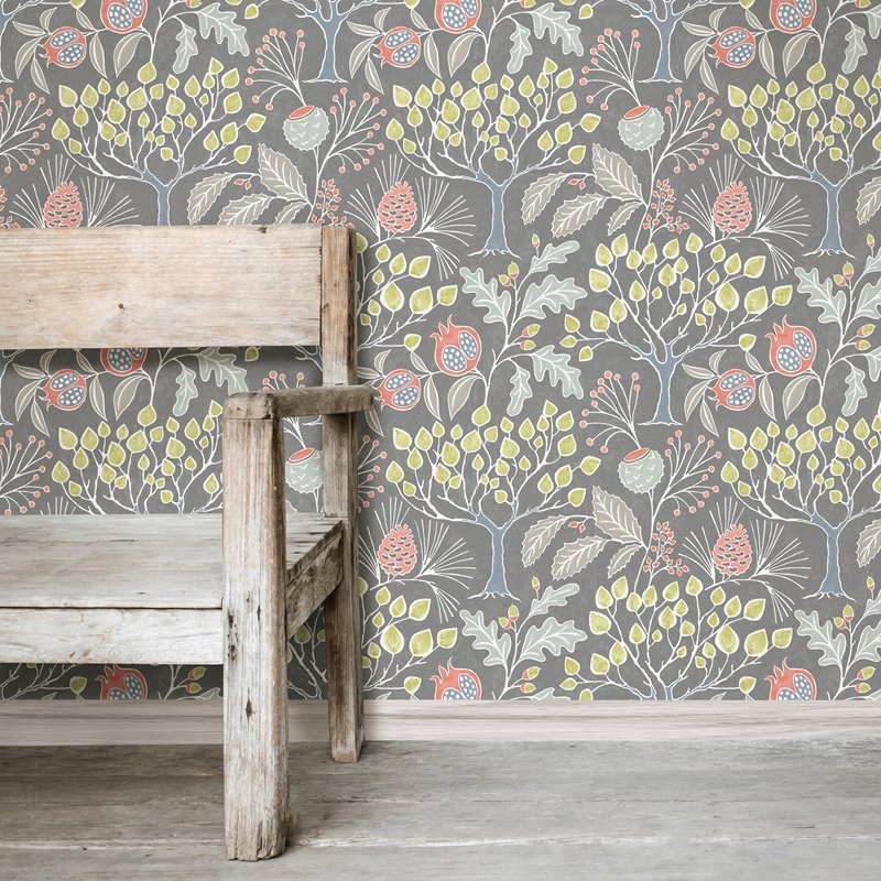 NU3039 | Groovy Garden Grey, Trees Peel and Stick - Wallpaper