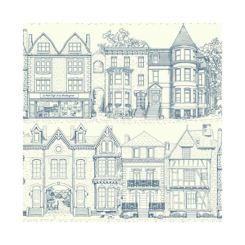 Sample AF1908 Ashford Toiles, Brownstone Terrace  color blue Architectural by Ashford House Wallpaper