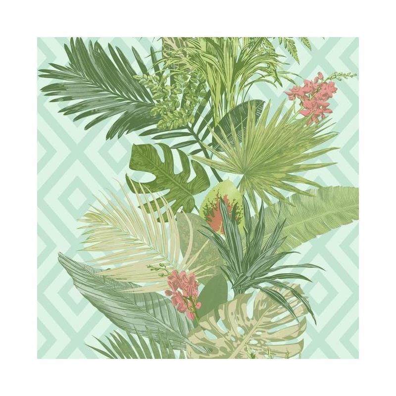 Sample ON1628 Outdoors In, Tropical Oasis Stripe color Spa Blue Botanical by York Wallpaper