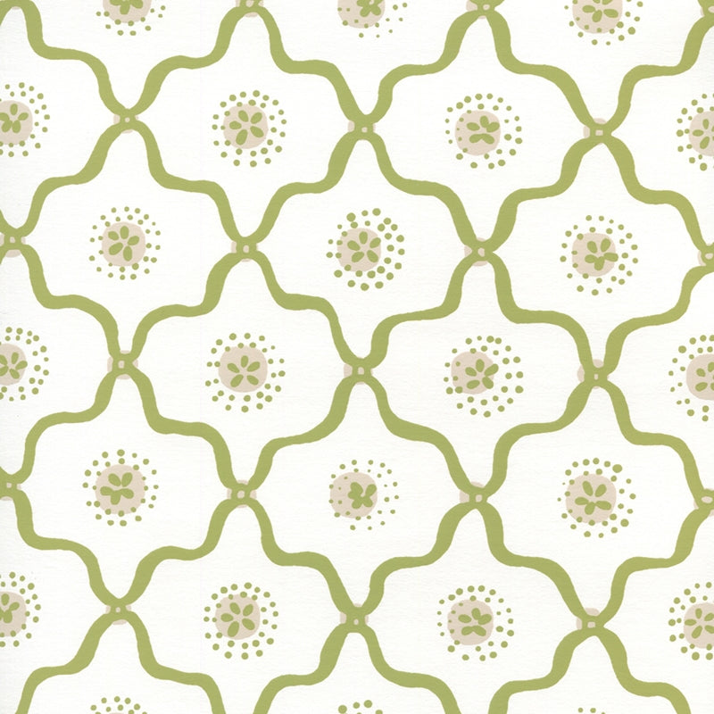 Sample 306320W-07WWP Longfellow, Moss Green Taupe on White by Quadrille Wallpaper