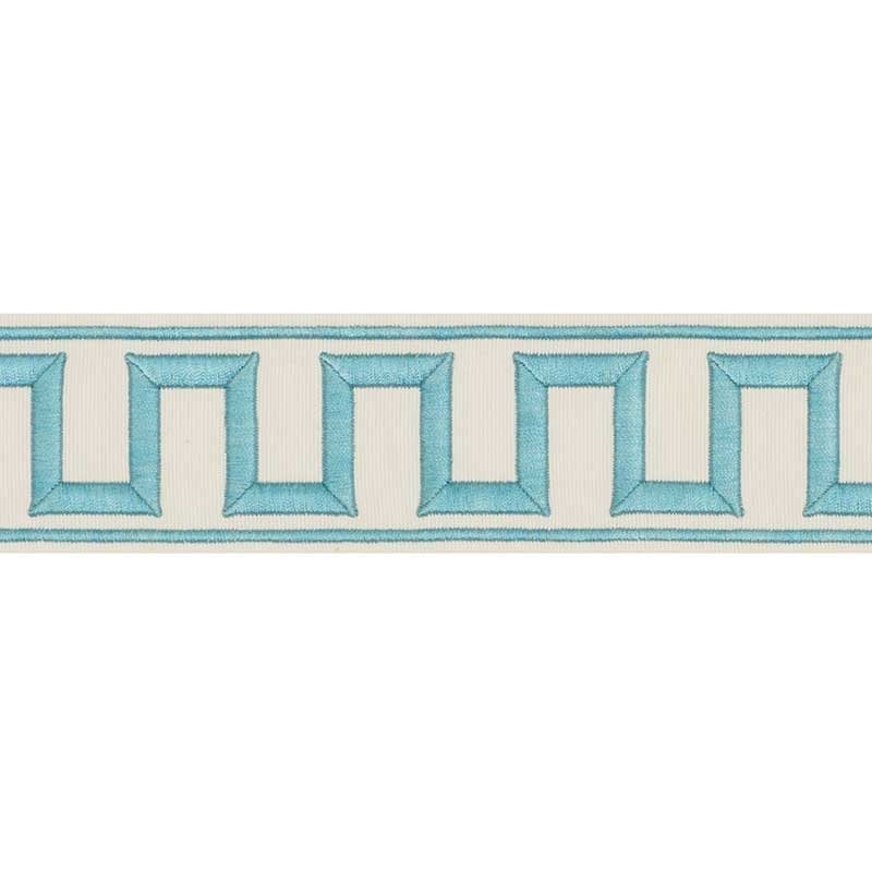 70793 | Greek Key Embroidered Tape, Aqua - Schumacher Fabric