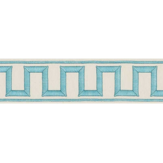 70793 | Greek Key Embroidered Tape, Aqua - Schumacher Fabric