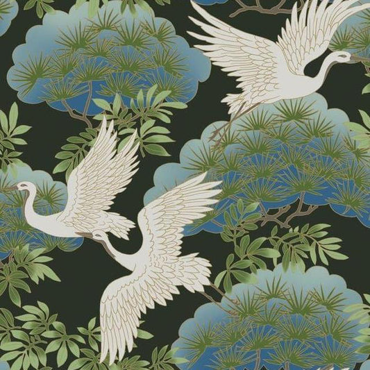 Looking AF6593 Designs Tea Garden Sprig & Heron Black by Ronald Redding Wallpaper
