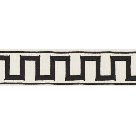 70790 | Greek Key Embroidered Tape, Black On Ivory - Schumacher Fabric