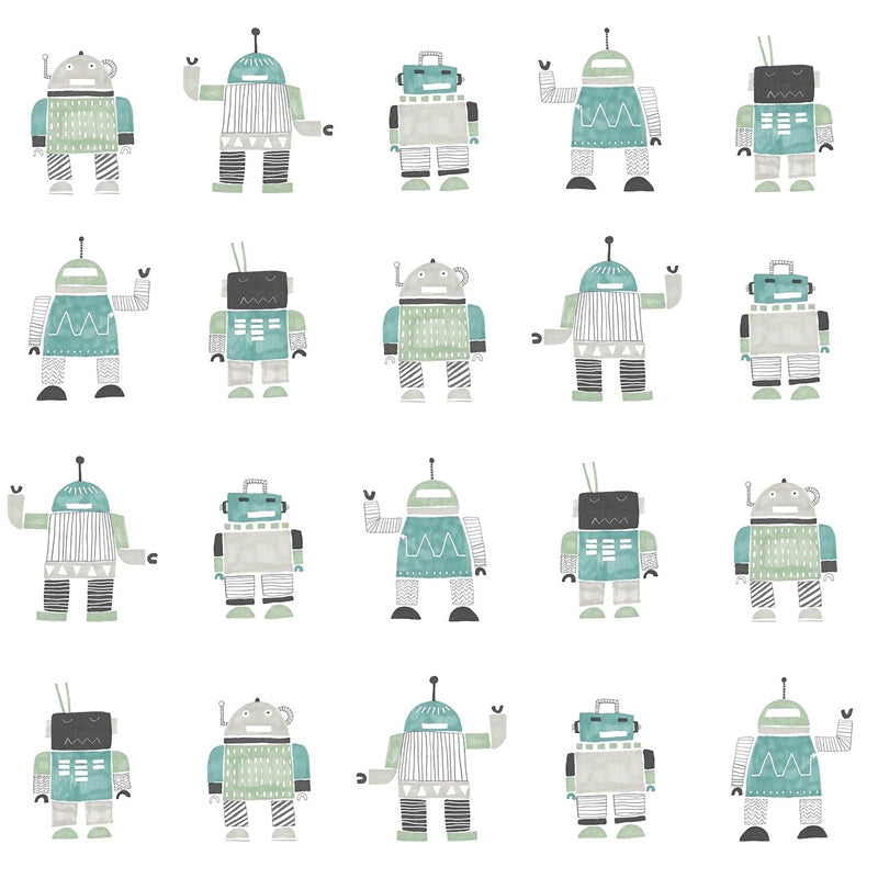 Looking 4060-138938 Fable Callum Teal Robots Wallpaper Teal by Chesapeake Wallpaper