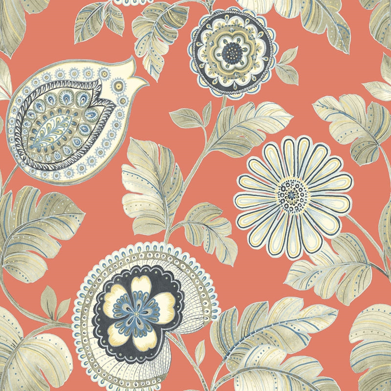 Sample RY31206 Boho Rhapsody, Calypso Paisley Leaf Coral and Aloe Seabrook Wallpaper