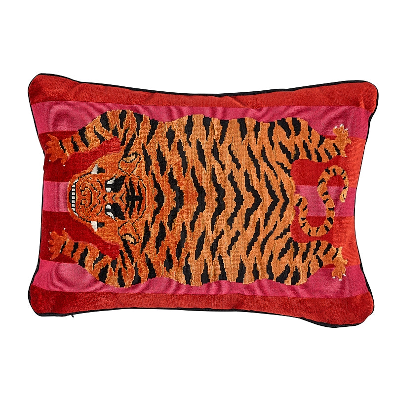 So7723115 | Jokhang Tiger Velvet Pillow, Red and Pink - Schumacher Furniture and Accessories