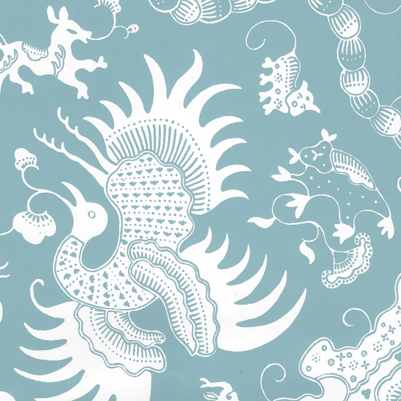 Sample 653-21 Indramayu Reverse, Bali Blue on White Matte Vinyl by Quadrille Wallpaper