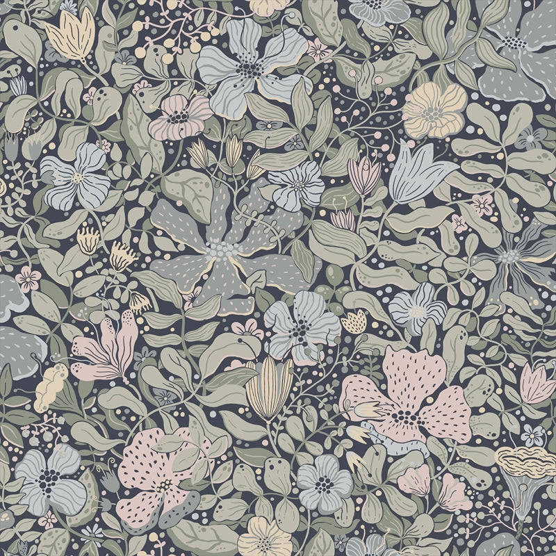 Sample 4111-63021 Briony, Midsommar Dark Blue Floral Medley Wallpaper by A-Street Prints Wallpaper