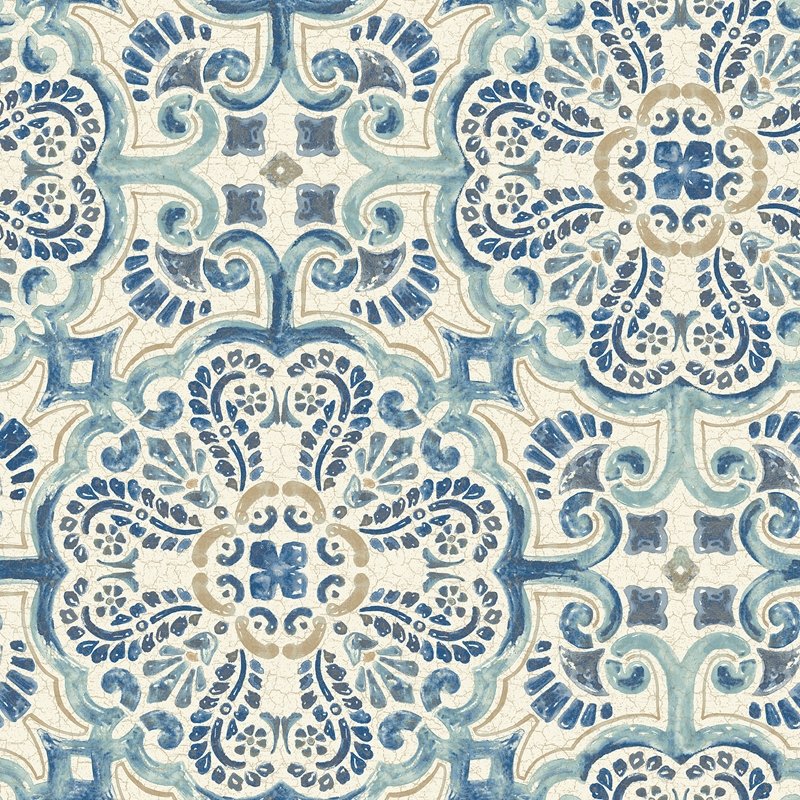 Sample NUS2235 Blue Florentine Tile, Flowers Peel and Stick Wallpaper