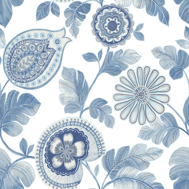 Sample RY31202 Boho Rhapsody, Calypso Paisley Leaf Blue Oasis and Ivory Seabrook Wallpaper