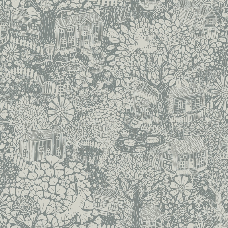 Sample 4111-63005 Briony, Bygga Bo Blue Woodland Village Wallpaper by A-Street Prints Wallpaper