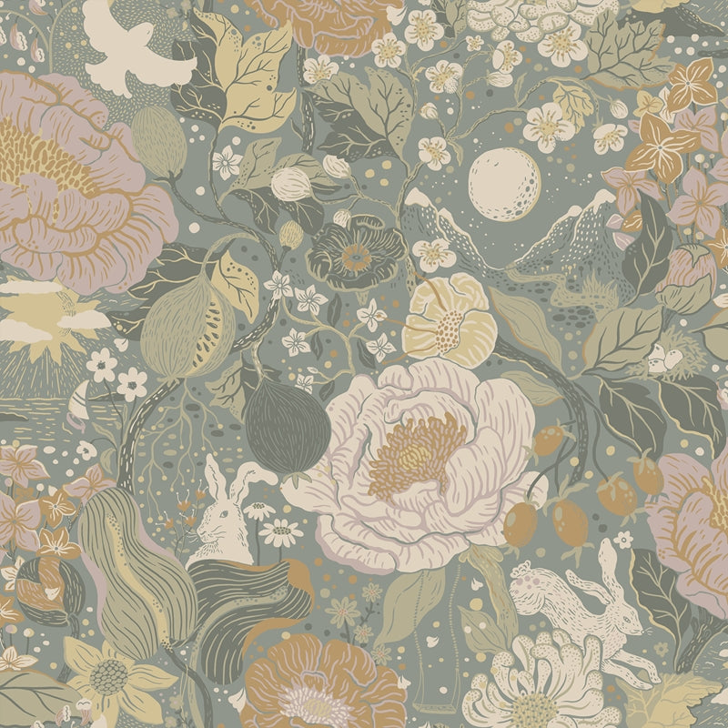 Sample 4111-63016 Briony, Vaxa Slate Rabbits And Rosehips Wallpaper by A-Street Prints Wallpaper