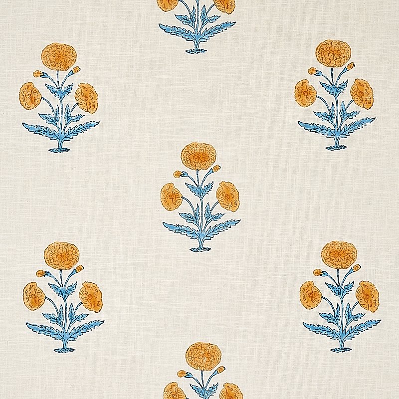 Purchase sample of 179841 Poppy Hand Block Print, Mustard and Sky by Schumacher Fabric