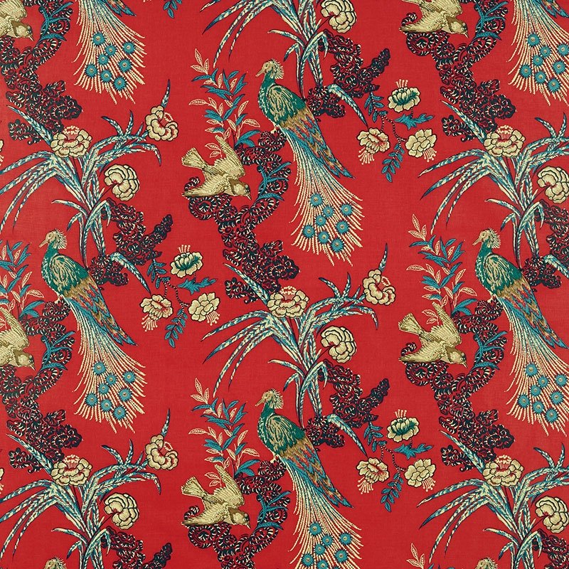 Purchase sample of 175910 Peacock, Red by Schumacher Fabric