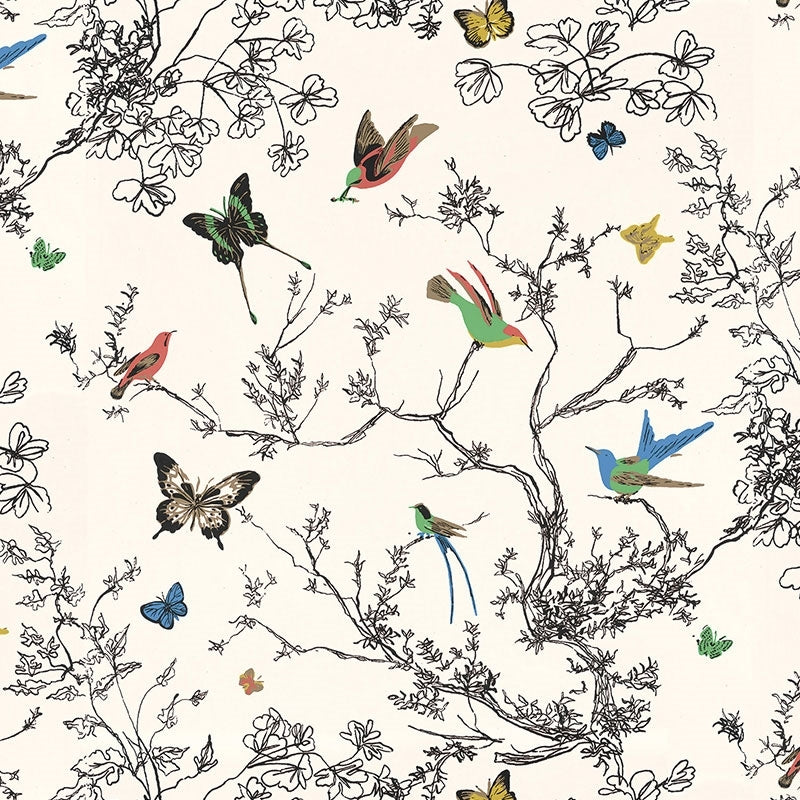 Sample - 2704420 Birds and Butterflies Multi On White by Schumacher Wallpaper