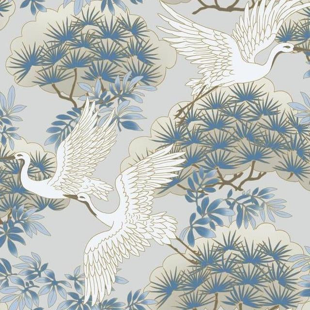 Find AF6591 Designs Tea Garden Sprig & Heron Light Blue by Ronald Redding Wallpaper
