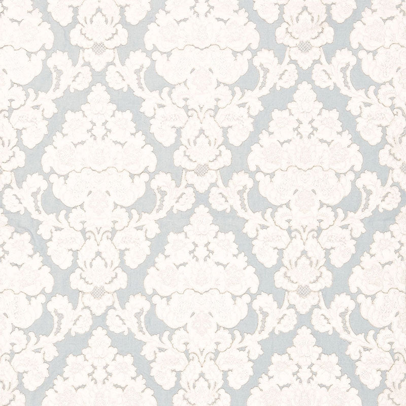 Purchase sample of 66591 Montalcino Applique Damask, Robin'S Egg by Schumacher Fabric