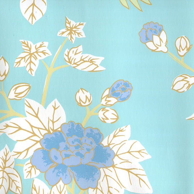 Sample 306062W Happy Garden, Turquoise On White by Quadrille Wallpaper