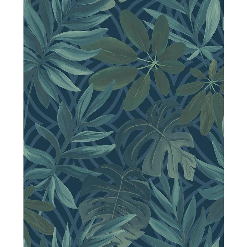 Sample 2904-24201 Fresh Start Kitchen and Bath, Nocturnum Dark Blue Leaves Wallpaper by Brewster